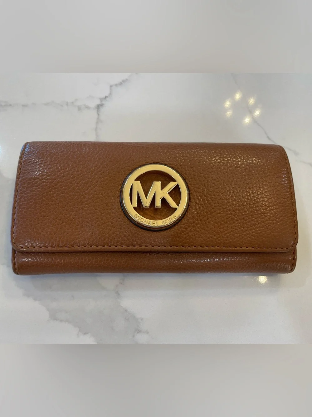 Michael Kors Tan Pebbled Leather Continental Wallet with Gold MK Emblem